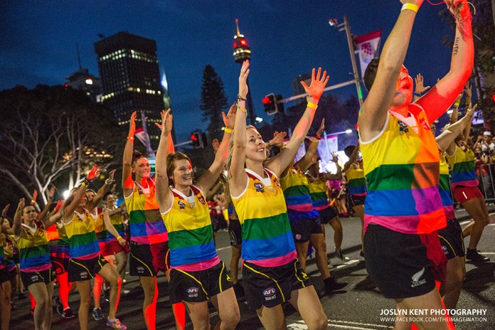 Australian Rules Football Female league competitiors march from Hyde Park