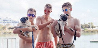 “You look SO good!” Mitchell, Hugh and Ali with the pugs