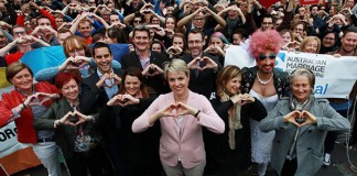 More than 1500 Rally for Free Vote on Marriage Equality (L-R)Christine Forster, Virginia Edwards, Greens Senator Sarah Hanson-Young, politician Tanya Plibersek (C), Jackie Stricker and Dr Kerryn Phelps make a love heart sign with their hands signalling for marriage equality on May 31, 2015 in Sydney, Australia. Demonstrators are calling on the government to allow for a free vote on marriage equality. (May 30, 2015 - Source: Lisa Maree Williams/Getty Images AsiaPac)