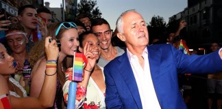 Same-sex Marriage Vote Could Happen This Year in Australia Malcolm Turnbull taking a selfie at Sydney Mardi Gras