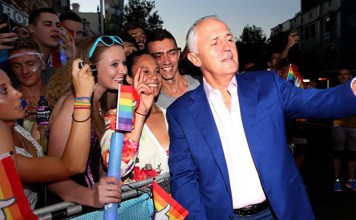 Same-sex Marriage Vote Could Happen This Year in Australia Malcolm Turnbull taking a selfie at Sydney Mardi Gras