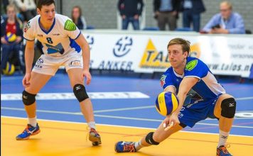 Being Openly Gay Costs Professional Volleyball Player Lucrative Contract Chris Voth(Roght) digging a ball in a game in the Netherlands - Instagram @chrisvoth