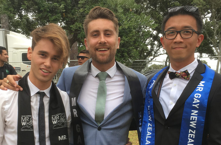 MGNZ Producer: Community Backs Tredway Mr Gay New Zealand 2017 Charlie Tredway with 2015 winner Matt Fistonich (Left) and last years winner Bernard Lee (Right).