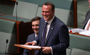 Same-sex Marriage Debate Begins as Tim Wilson Proposes to his Partner in the Lower House MP Tim Wilson proposes to his partner Ryan on the floor of Federal Parliament today during the same-sex marriage debate (ABC Online)