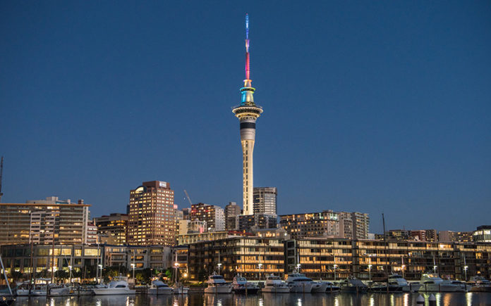 SKYCITY Tower in rainbow colours