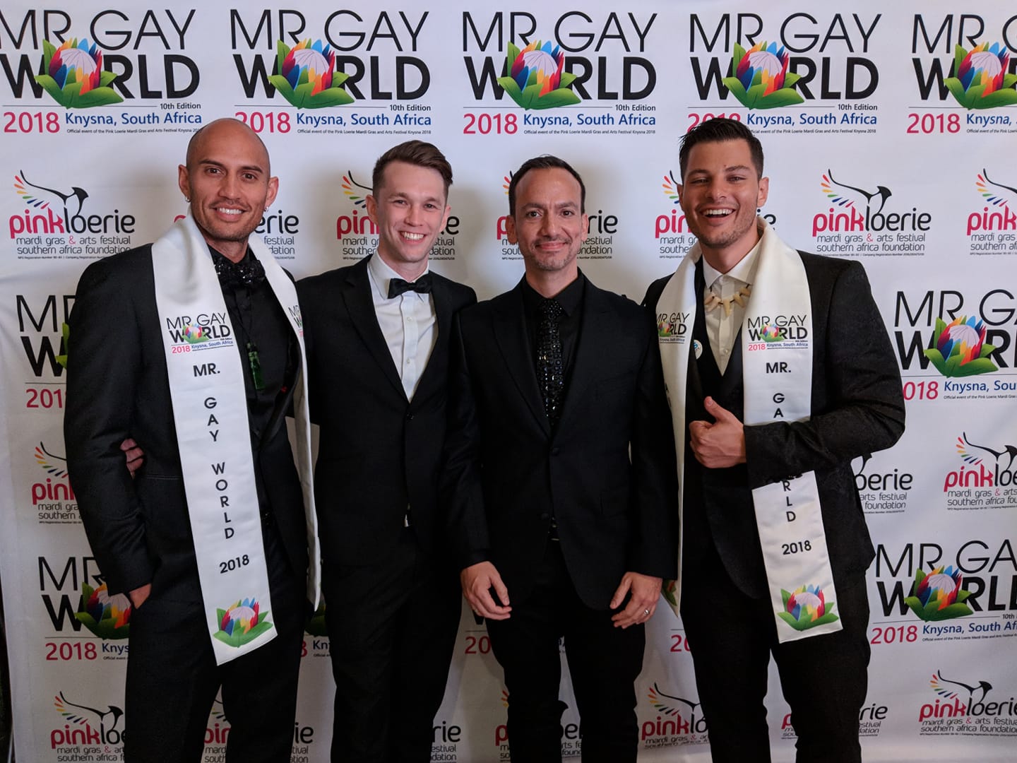 Mr Gay World 2018 Runner-up Ricky Devine-White with Mr Gay Pride Australia 2017 David Francis, President of Mr Gay World Eric Butter and Mr Gay World 2018 Jordan Bruno - (Facebook)