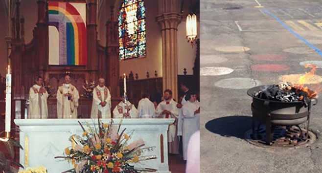 Rainbow Flag burned by Chicago Catholic Priest