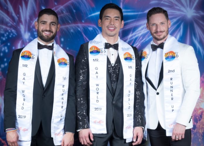 Mr Gay World 2019 Top 3 -(L-R) Francisco Alvarado (Spain), Janjep Carlos (Philippines), Oliver Pusztai (Hungary) - Photo Courtesy of Rudi du Toit Photography and Mr Gay World