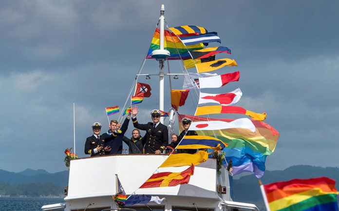 Warships fly the rainbow flag during Bergen Boat Parade (BT.no)