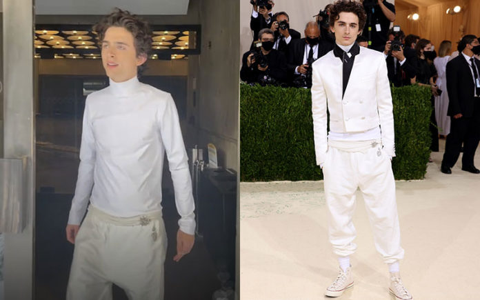 Timothée Chalamet leaving Frick Gallery and then on the red carpet at The Met Gala
