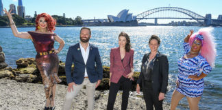 American Express Makes Push for Pink Dollar With Sydney Mardi Gras and World Pride 2023 Agreement L-R Vybe, Albert Kruger (Sydney Mardi Gras), Corrina Davison (American Express), Kate Wickett, (Sydney WorldPride), Coco Jumbo