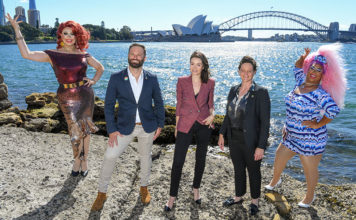 American Express Makes Push for Pink Dollar With Sydney Mardi Gras and World Pride 2023 Agreement L-R Vybe, Albert Kruger (Sydney Mardi Gras), Corrina Davison (American Express), Kate Wickett, (Sydney WorldPride), Coco Jumbo