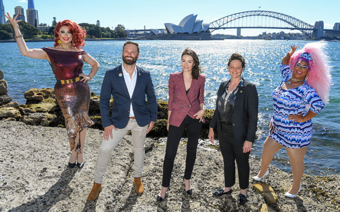 L-R Vybe, Albert Kruger (Sydney Mardi Gras), Corrina Davison (American Express), Kate Wickett, (Sydney WorldPride), Coco Jumbo