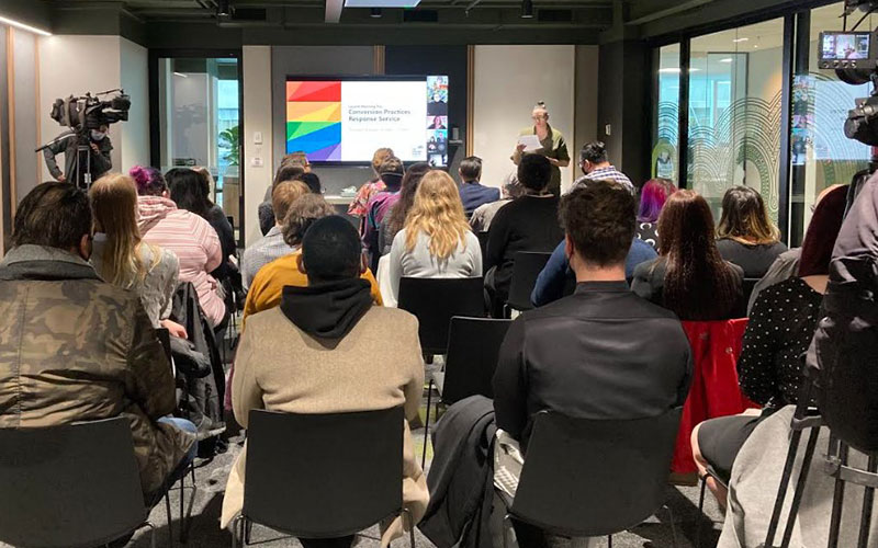 Leilani Thompson-Rikys speaking at the launch, as a survivor and peer support coordinator at Outline. (Supplied)