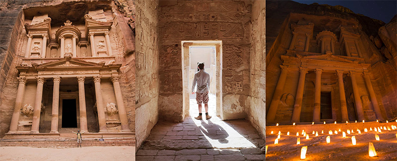 Pictured: Peter Williams at (left) Petra, Jordan; (middle) at Medinat Habu Luxor, Egypt; and (right) Petra by night, Jordan.