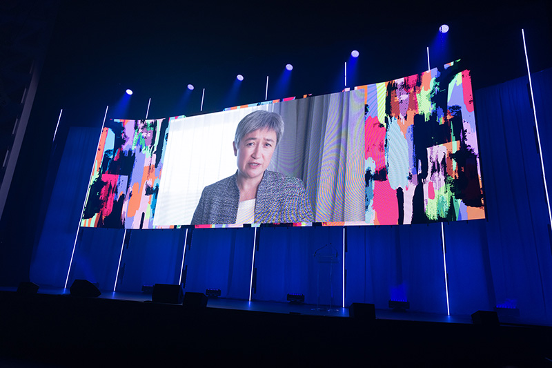 Australian Foreign Affairs Minister Penny Wong speaks at the opening of the WorldPride Human Rights Conference at Sydney ICC (Supplied)