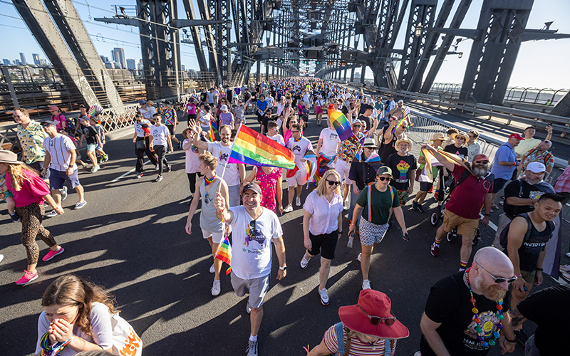Sydney WorldPride 2023 Marchers send a powerful message as they marhc across the Sydney Harbour Bridge (Daniel Boud - supplied)