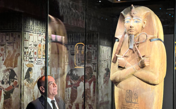 Ramses The Great: Discover the Treasures of Ancient Egypt at the Australian Museum Dr Mostafa Waziry, Secretary-General of the Supreme Council of Antiquities, Ministry of Tourism and Antiquities in Egypt admiring the rare coffin of Ramses II at the new exhibition Ramses & the Gold of the Pharaohs at the Australian Museum in Sydney.