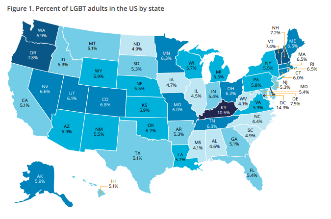 Percent of LGBT adults in the US by state (Williams Institute at the University of California)