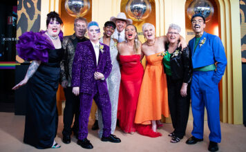 First Steps and Trailblazers: The Inaugural Mardi Gras Debutante Ball First Timers Jordan Kirkup, Shane Horewood, Cjay Hankinson, Priyanka Bromhead, Danny Saunders, Natalie Bassingthwaighte, Cheree Pertini, Jacinta Kretschmer and Phillip Nguyen on the Gold Carpet for the Mardi Gras Debutante Ball by Johnnie Walker. (Supplied)