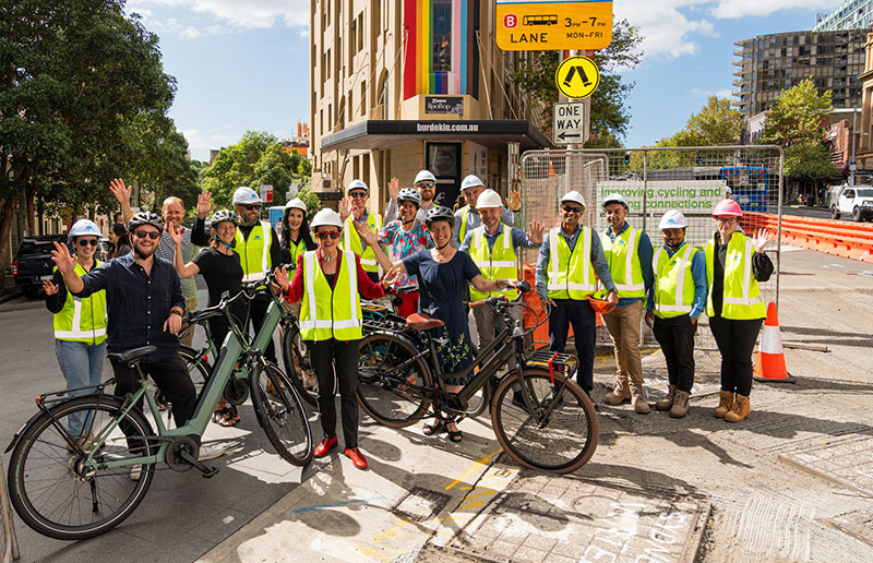 Lord Mayor Clover Moore with City staff and contractors as construction gathers pace on the Oxford Street West cycleway project. Credit: Nick Langley/City of Sydney