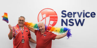 Service NSW Shines Bright at Mardi Gras, Marching for Inclusivity Couple and Service NSW staff Ken and John - courtesy of DCS media