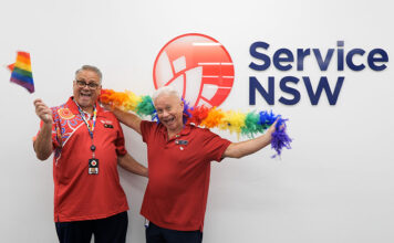 Service NSW Shines Bright at Mardi Gras, Marching for Inclusivity Couple and Service NSW staff Ken and John - courtesy of DCS media
