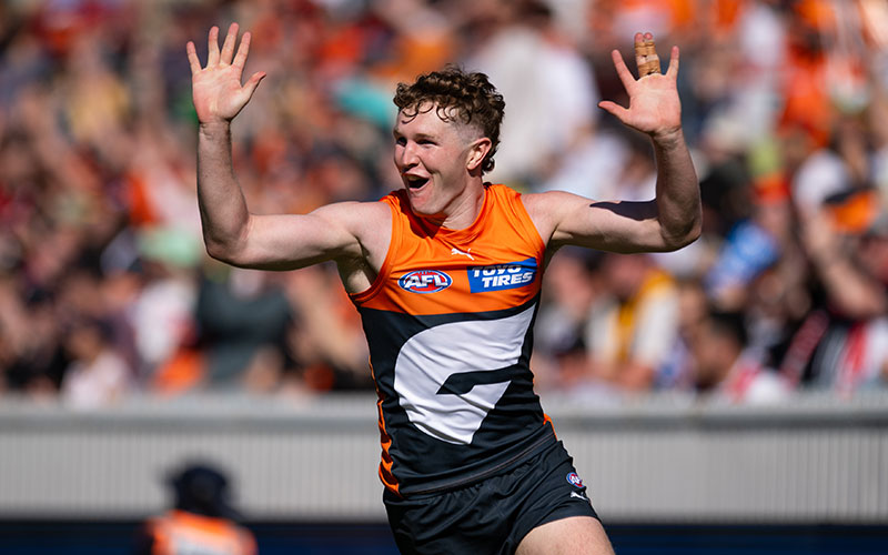 Greater Western Sydney (GWS) Giants player Tom Green celebrates a goal in the AFL. (Supplied)