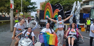 Groundbreaking Research Tackles Sexual Health Needs of LGBTQA+ Australians with Disabilities Clients and staff from CPA, Afford and Northcott celebrate the 2024 Sydney Gay and Lesbian Mardi Gras with the Ourtopia-themed float. (Facebook)