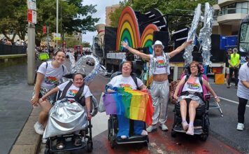 Groundbreaking Research Tackles Sexual Health Needs of LGBTQA+ Australians with Disabilities Clients and staff from CPA, Afford and Northcott celebrate the 2024 Sydney Gay and Lesbian Mardi Gras with the Ourtopia-themed float. (Facebook)
