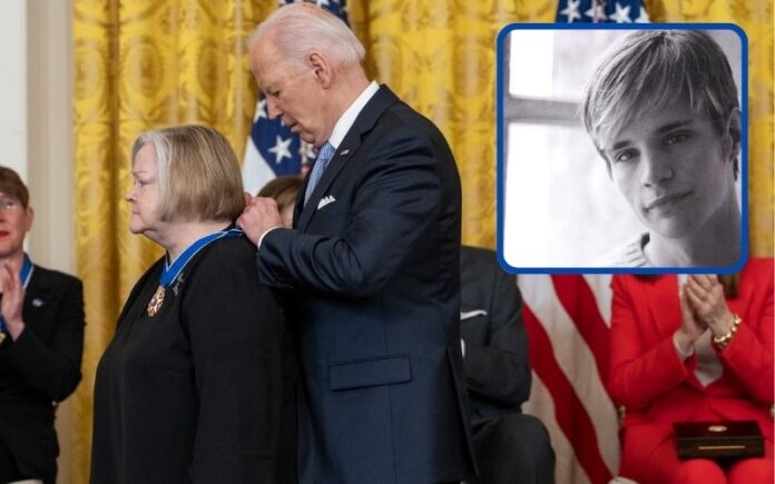 Judy Shepard receives the Medal of Freedom from President Joe Biden. (The White House Facebook)