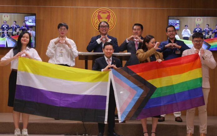 Move Forward Party parliamentary members celebrate ahead of the final senatorial vote on the same sex marriage bill at the Thai Parliament in Bangkok. (Facebook)