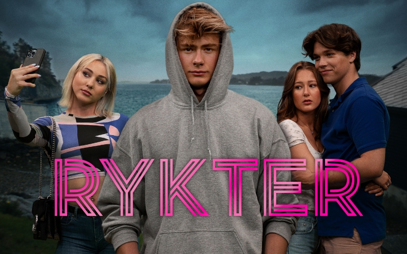 Official Rykter (Rumours) series poster. Four leads left to right Sisilja Garen(Thea), Benjamin Ebbesen(Erik), Alisha Sussmann(Sara), and Teo Tomczuk(Mathias) and . (Credit: Sondre Mogård Løvheim) Supplied.