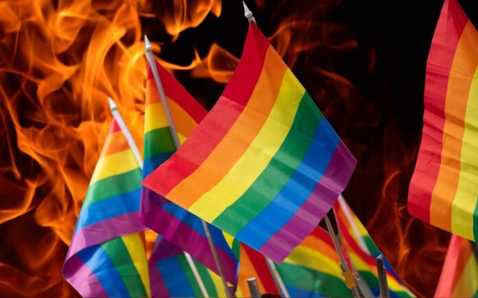 Pride flags in flames