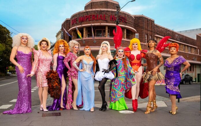 Drag Race Down Under Season 4 Launch. From L to R: Lucina Innocence, Vybe, Mandy Moobs, Olivia Dreams, Freya Armani, Max Drag Queen, Brenda Bressed, Lazy Susan, Nikita Iman, Karna Ford.