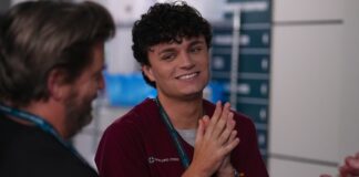 Shortland Street’s Peter Burman Talks Queer Representation Shortland Street's Peter Burman as Sage Stewart(Smiling) speaking with Michael Galvin as Chris Warner (Supplied)