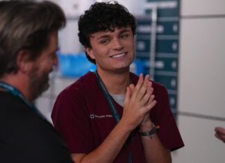 Shortland Street’s Peter Burman Talks Queer Representation Shortland Street's Peter Burman as Sage Stewart(Smiling) speaking with Michael Galvin as Chris Warner (Supplied)