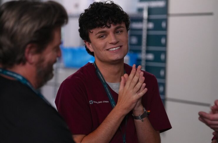 Shortland Street’s Peter Burman Talks Queer Representation Shortland Street's Peter Burman as Sage Stewart(Smiling) speaking with Michael Galvin as Chris Warner (Supplied)