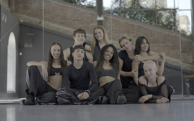 Dance for your life - Key Cast posing at Brent Street (L-R Abby Faith White, Zac De Gersigny, Jake Sergi, Emily Smith, Savannah Pillay, Conor Bann-Murray, Tiana Vassallo, Sammy Goldie)